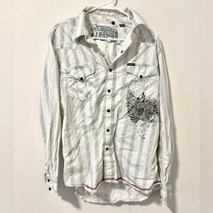 Southern Thread Mens Medium Western Pearl Snap Shirt Embroidered Raw Hem Winged